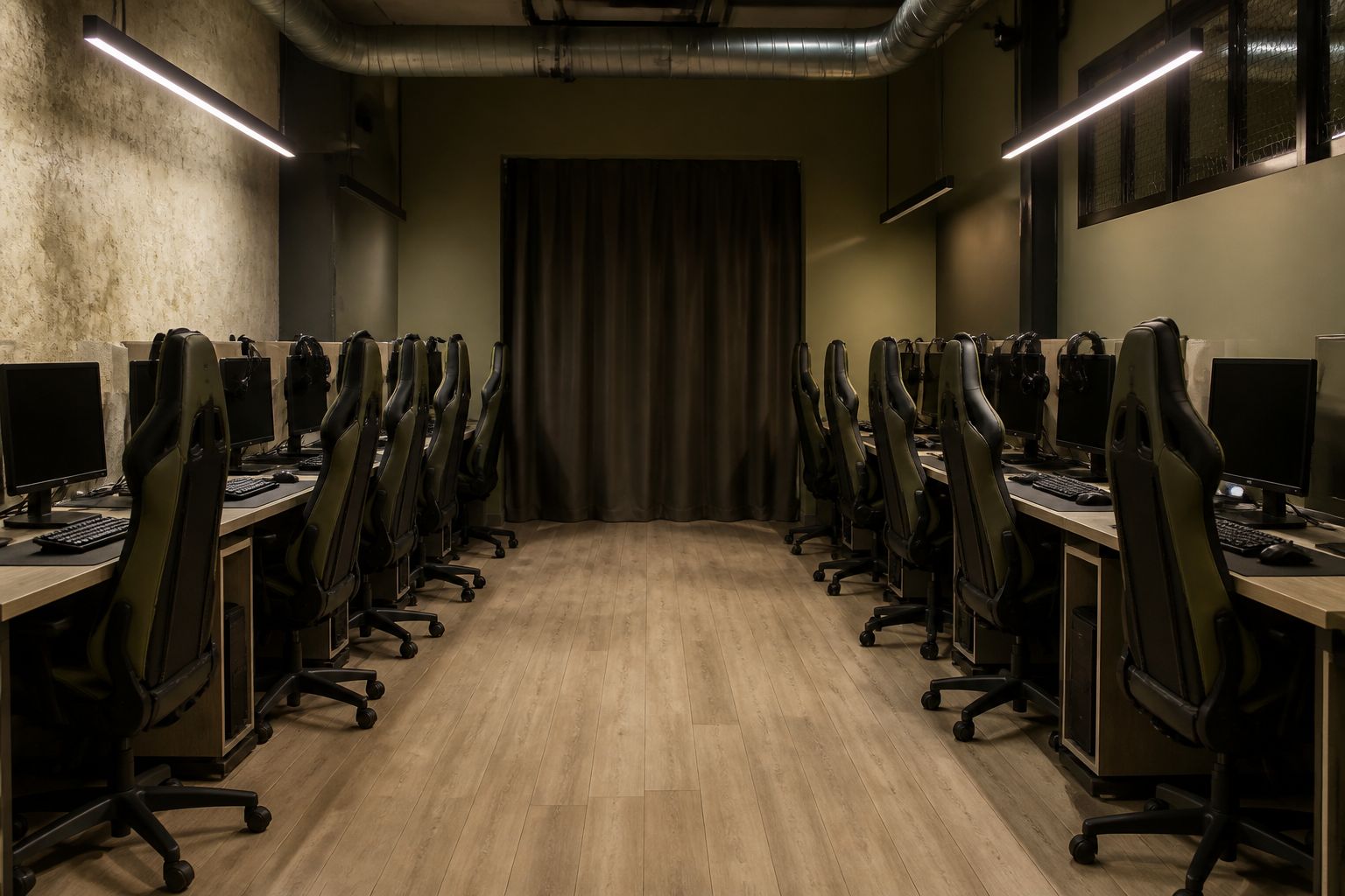 Two rows of esports stations facing each other across a room under even light in olive and sand tones